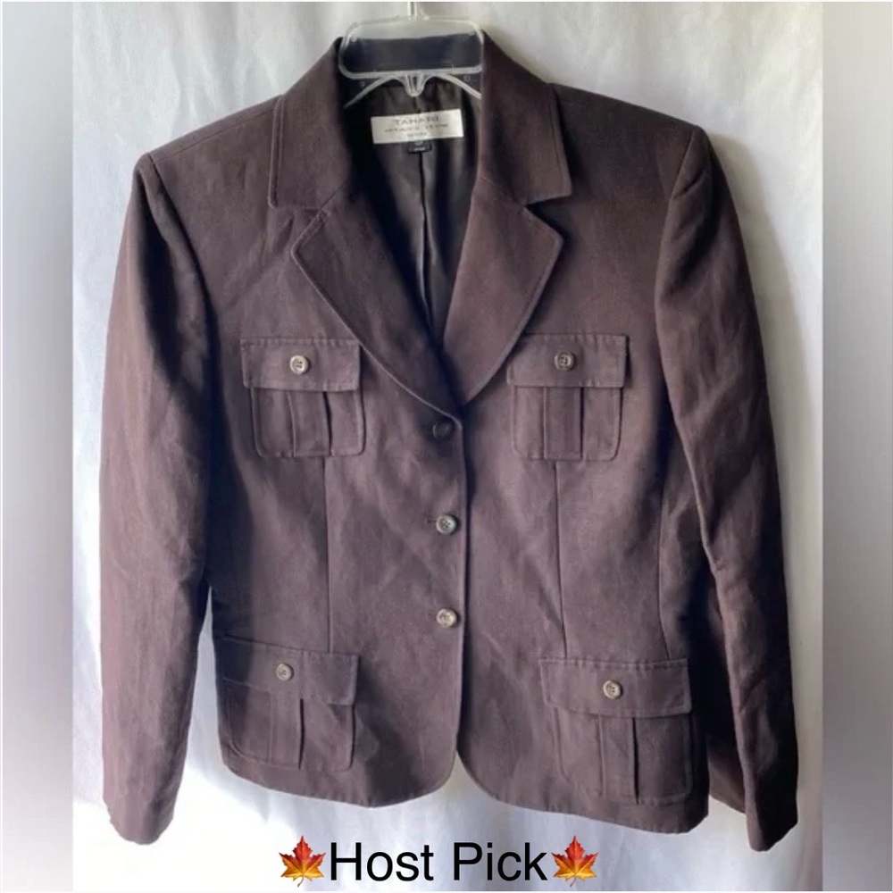 TAHARI Arthur S. Levine Brown Linen Blazer Jacket 12 Petite 3 Button Collared
